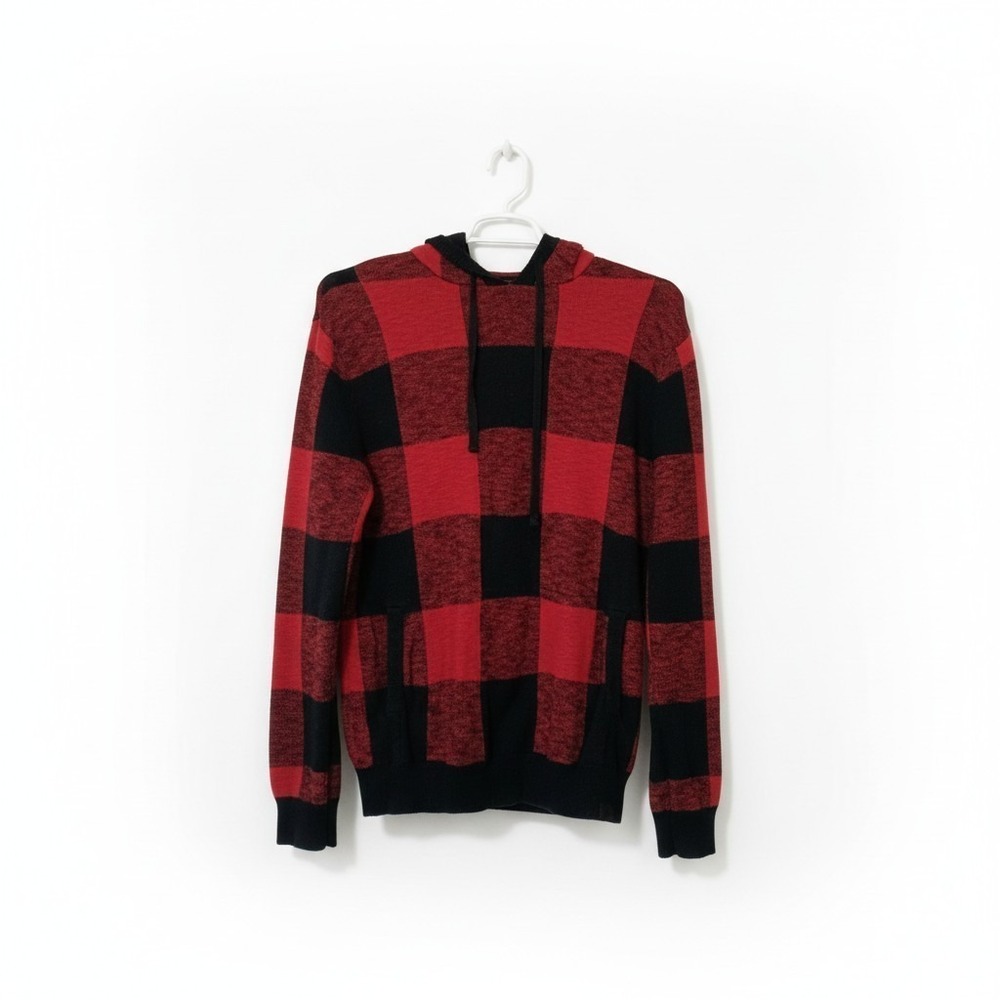 American Eagle Sweater Red Buffalo Plaid Pullover Kangaroo Pouch Hoodie Womens L